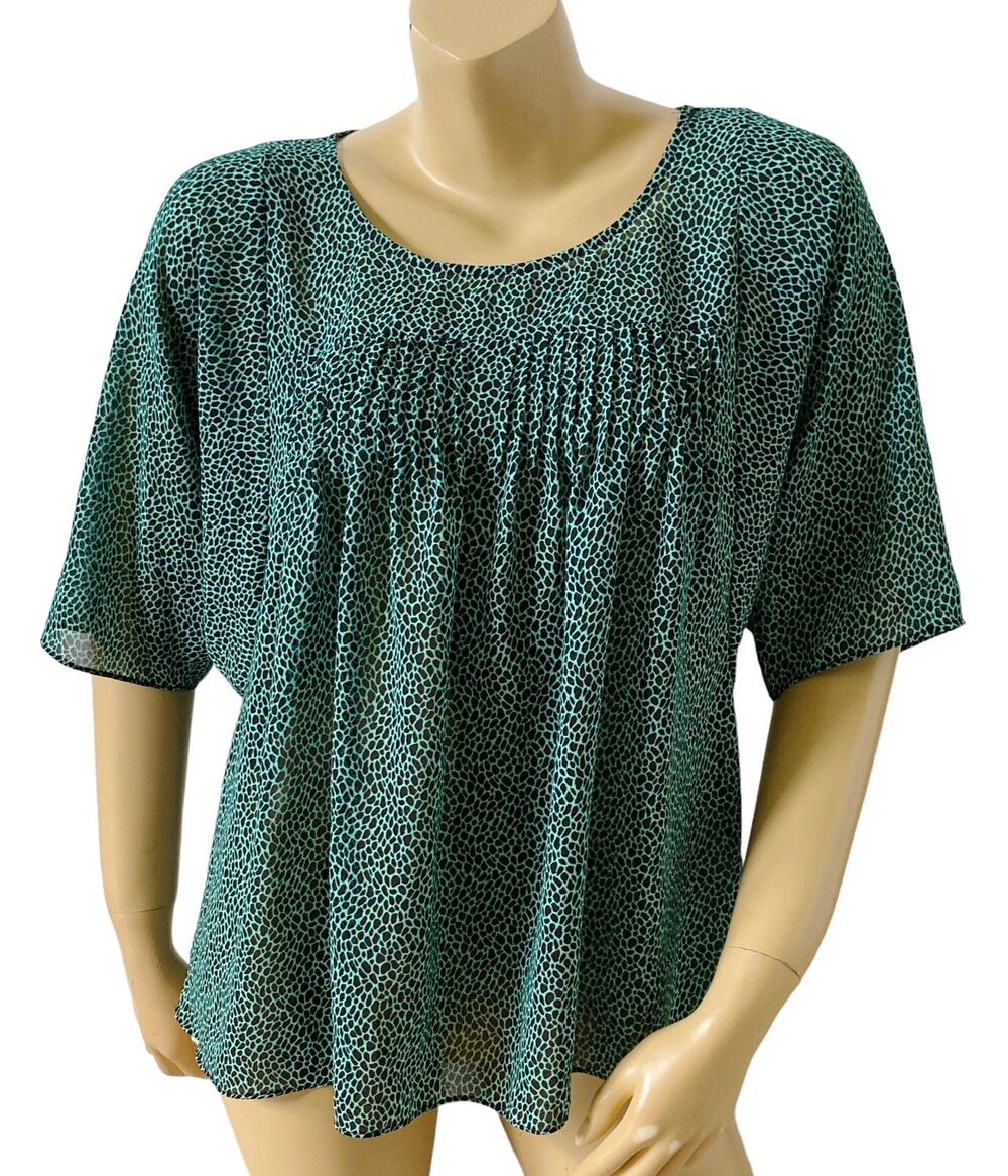Michael Kors Blouse Womens M Teal Black Animal Print Smocked Short Sleeve Top